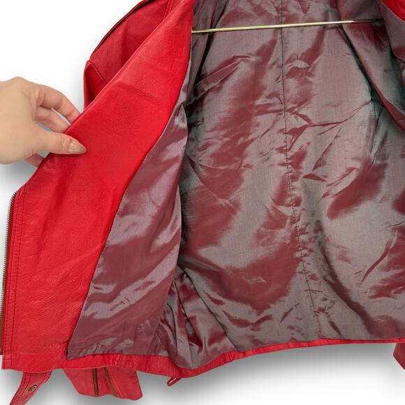 Vintage Cherry Red Leather Cropped Motorcycle Jacket Belt Size 38 - Picture 5 of 11